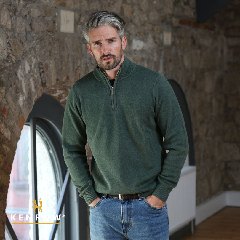 Man wearing a half-zip sage melange knit