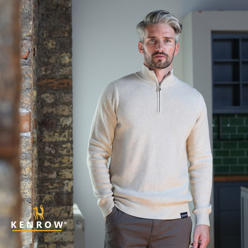 Man wearing a half-zip Sand Melange Knit