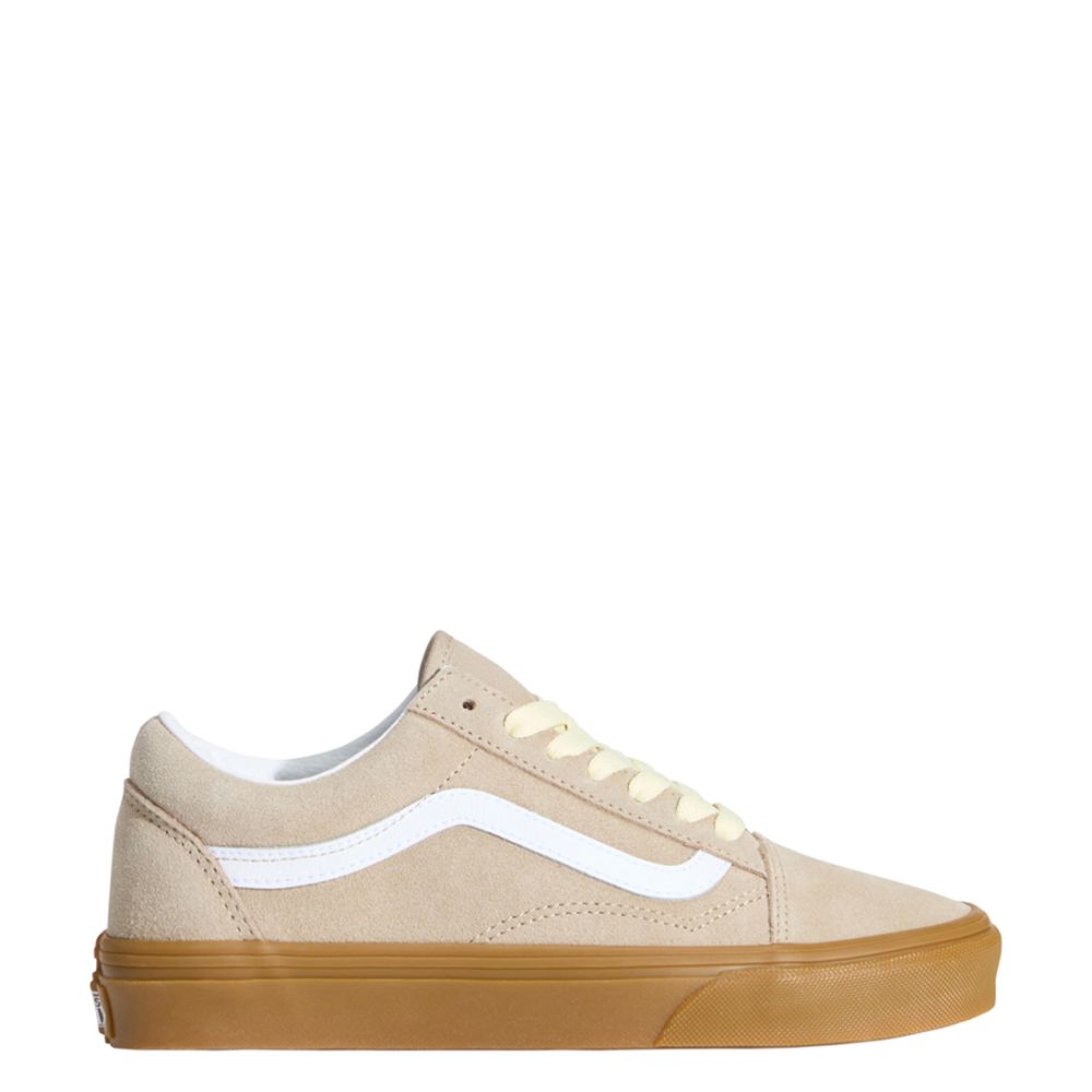 Beige sneaker with white laces and brown sole on a white background