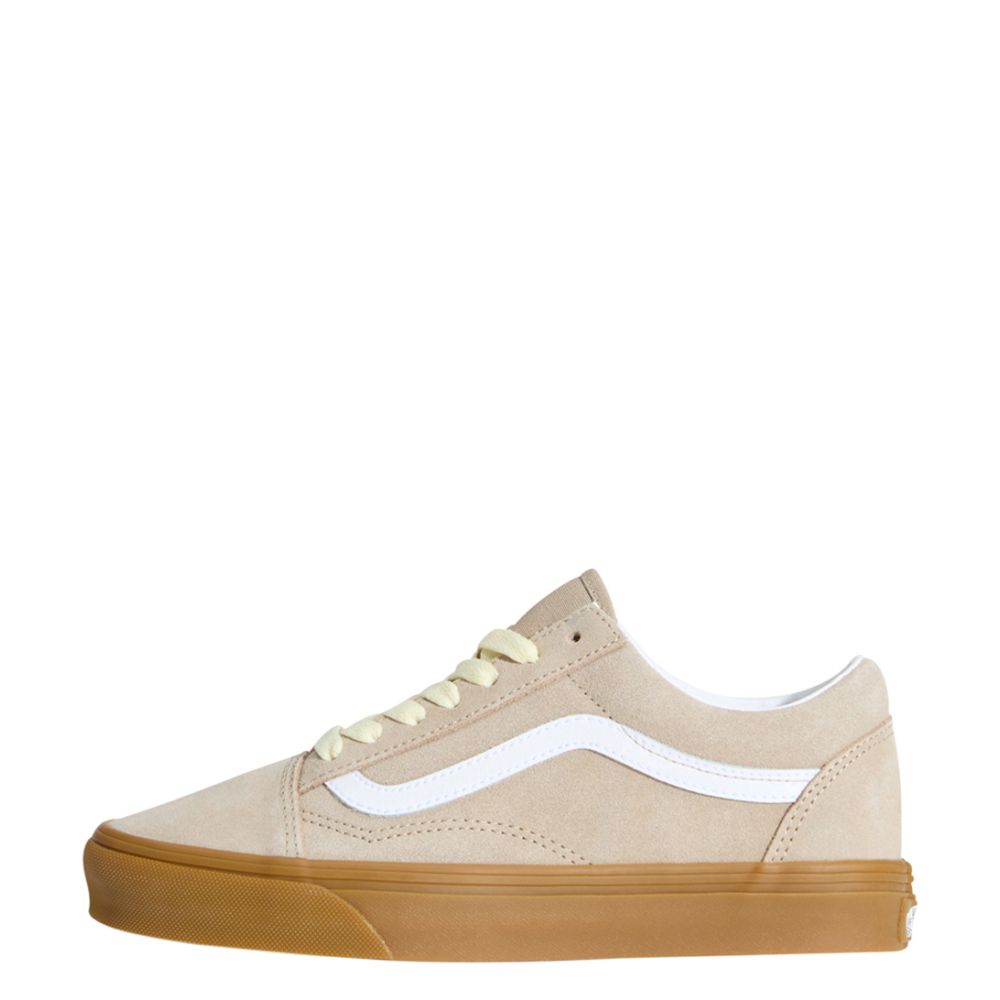 Beige sneaker with white stripe and brown sole on a white background