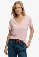 Superdry Ladies Studios Slub Emb Vee Tee-Pale Pink Pale Pink model front view