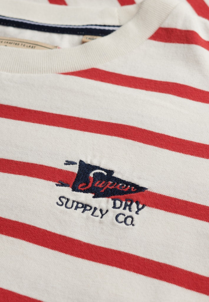 Close-up of the logo detail on the Superdry Heritage Hamptons Stripe Tee