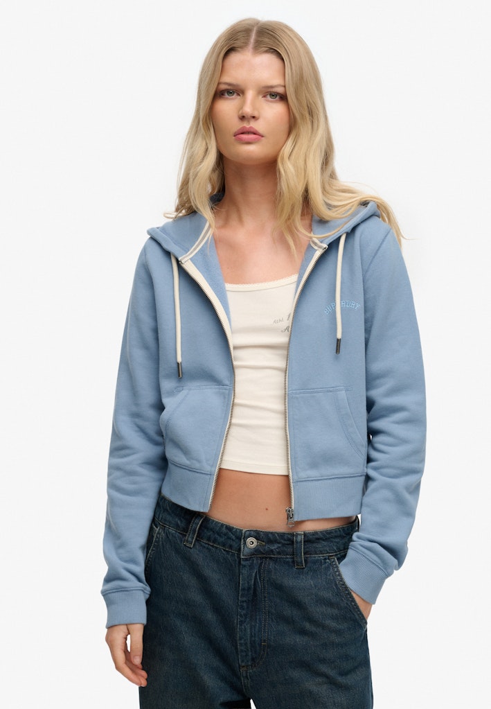 Superdry Ladies Essential Logo Cropped Ziphood-Tidal Blue Tidal Blue model front view