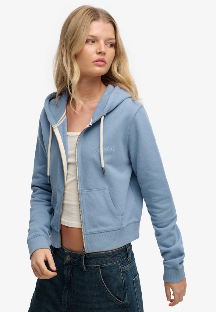 Superdry Ladies Essential Logo Cropped Ziphood tidal blue zip front view