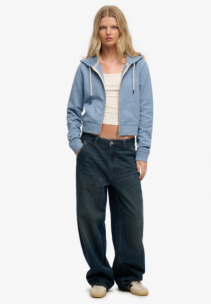 Superdry Ladies Essential Logo Cropped Ziphood tidal blue hoodie front view