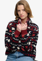 Superdry Super Soft Printed Half Button in Burgundy Mini Aztec seated view