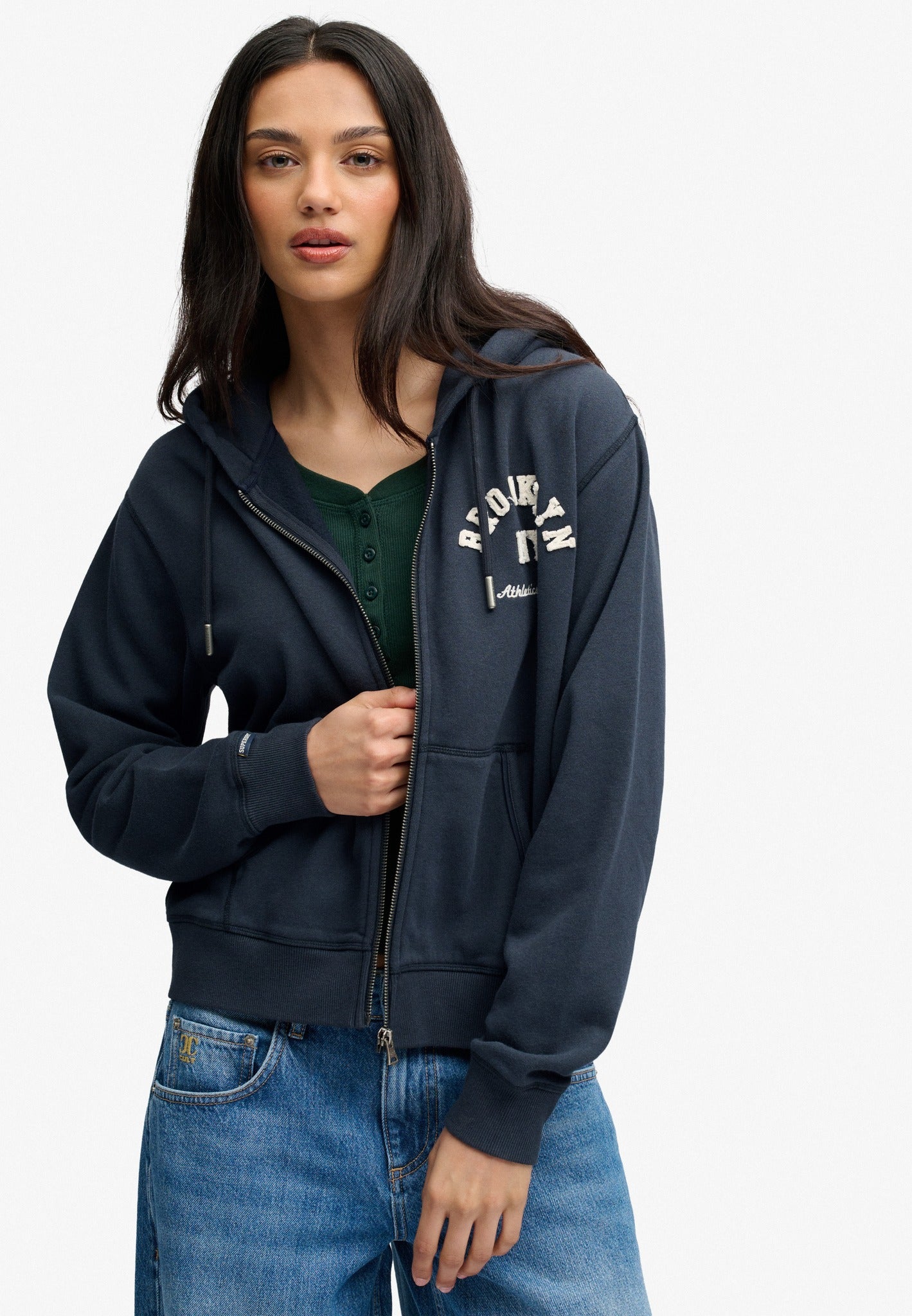 Superdry Ath Essential Relaxed Crop Ziphood in Eclipse Navy upper body view