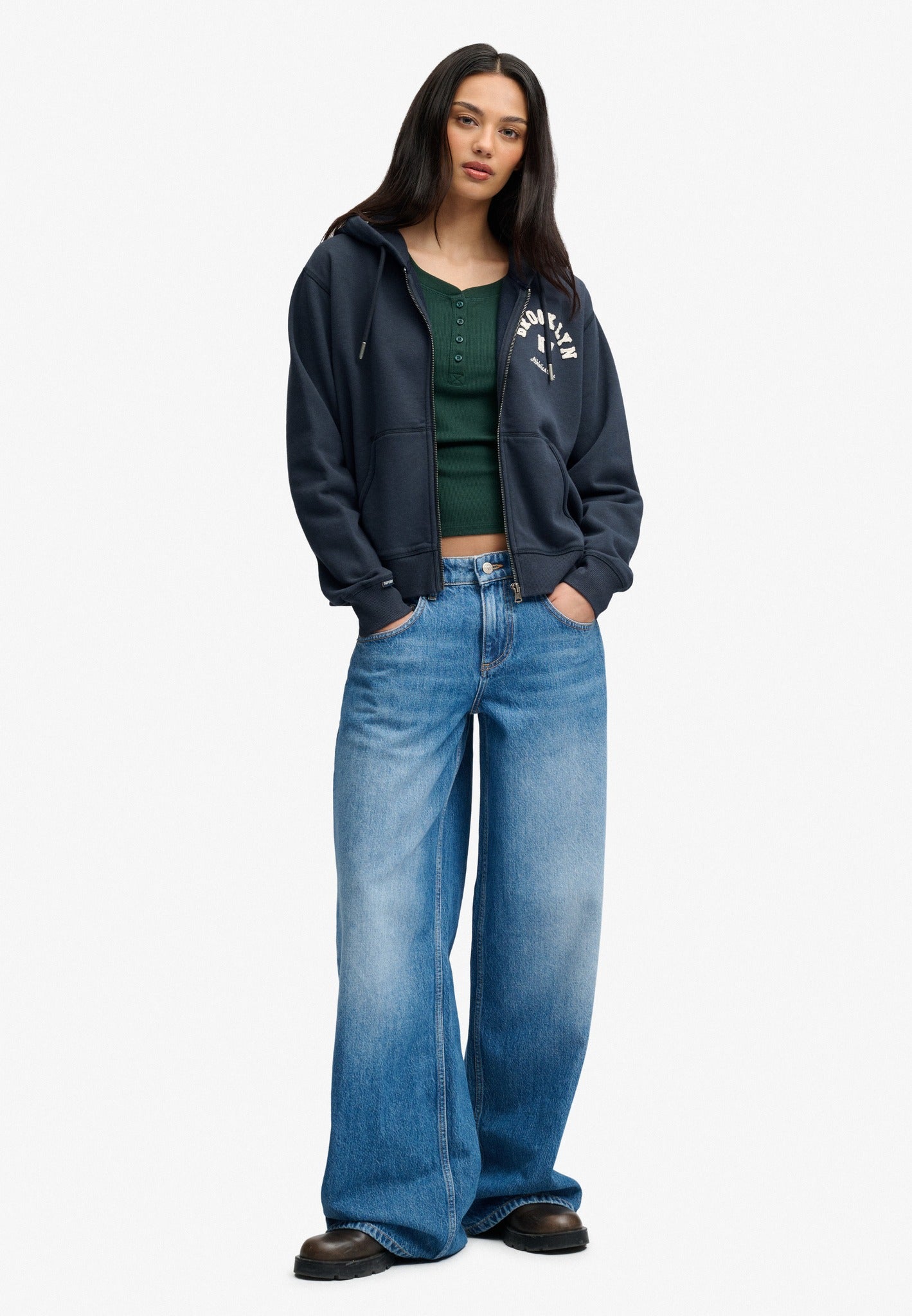 Superdry Ath Essential Relaxed Crop Ziphood in Eclipse Navy full length view