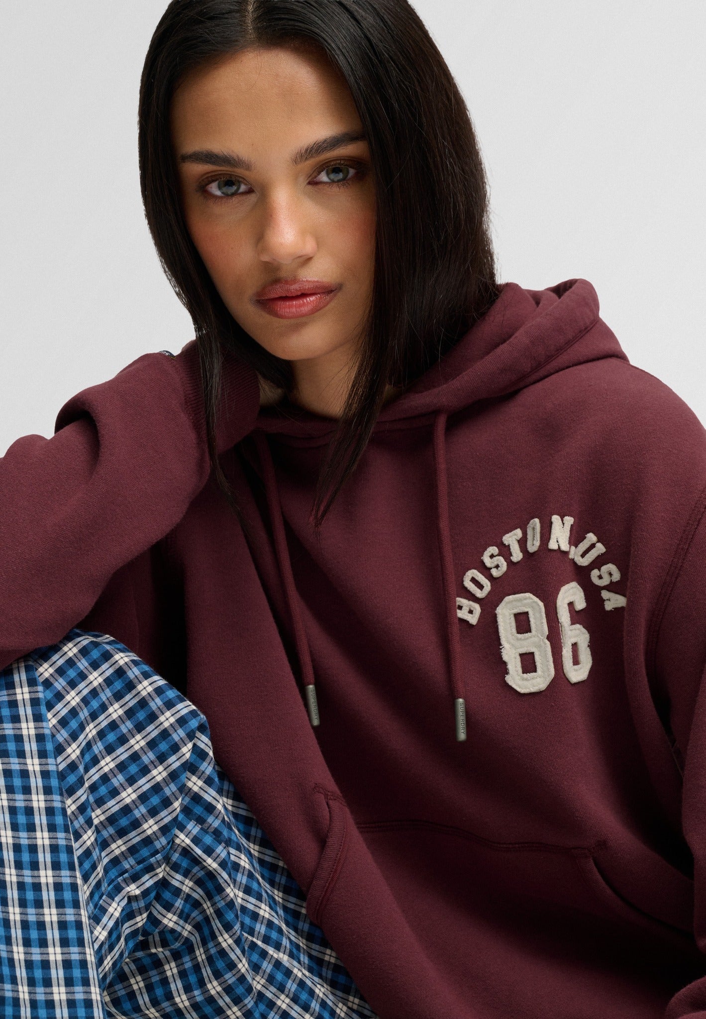 Superdry Ath Essential Applique Crop Hood in Port Red applique side view