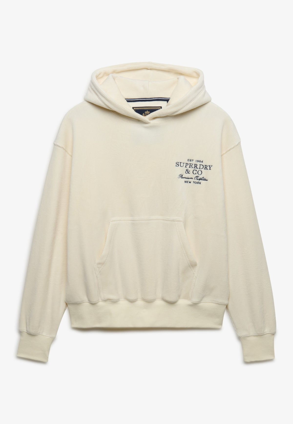 Angled view of Superdry Drop Needle Velour Hoodie in Cream