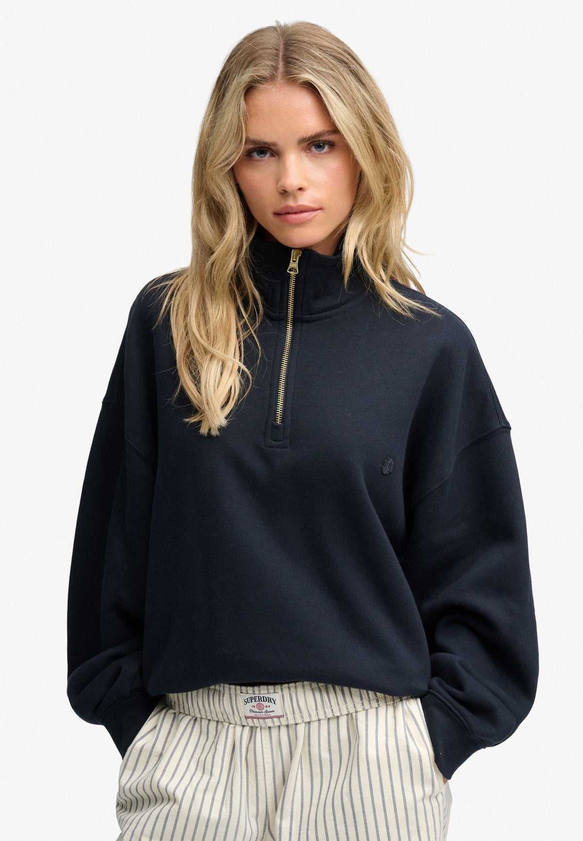 Superdry Monogram Half Zip Sweatshirt in Eclipse Navy on model