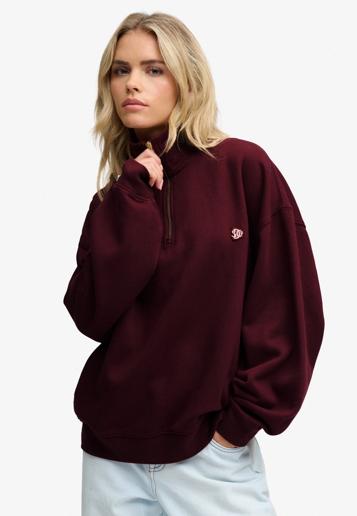 Superdry Monogram Half Zip Sweatshirt in Port Red on model