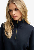 Superdry Monogram Half Zip Sweatshirt in Eclipse Navy half zip collar detail angled view