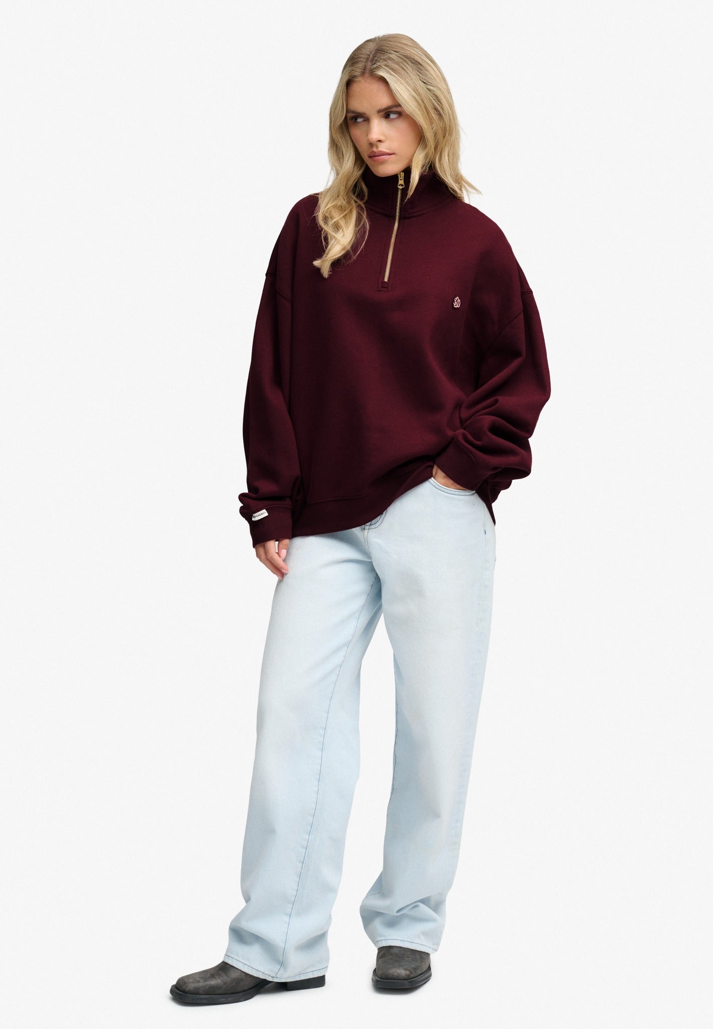 Superdry Monogram Half Zip Sweatshirt in Port Red full length view