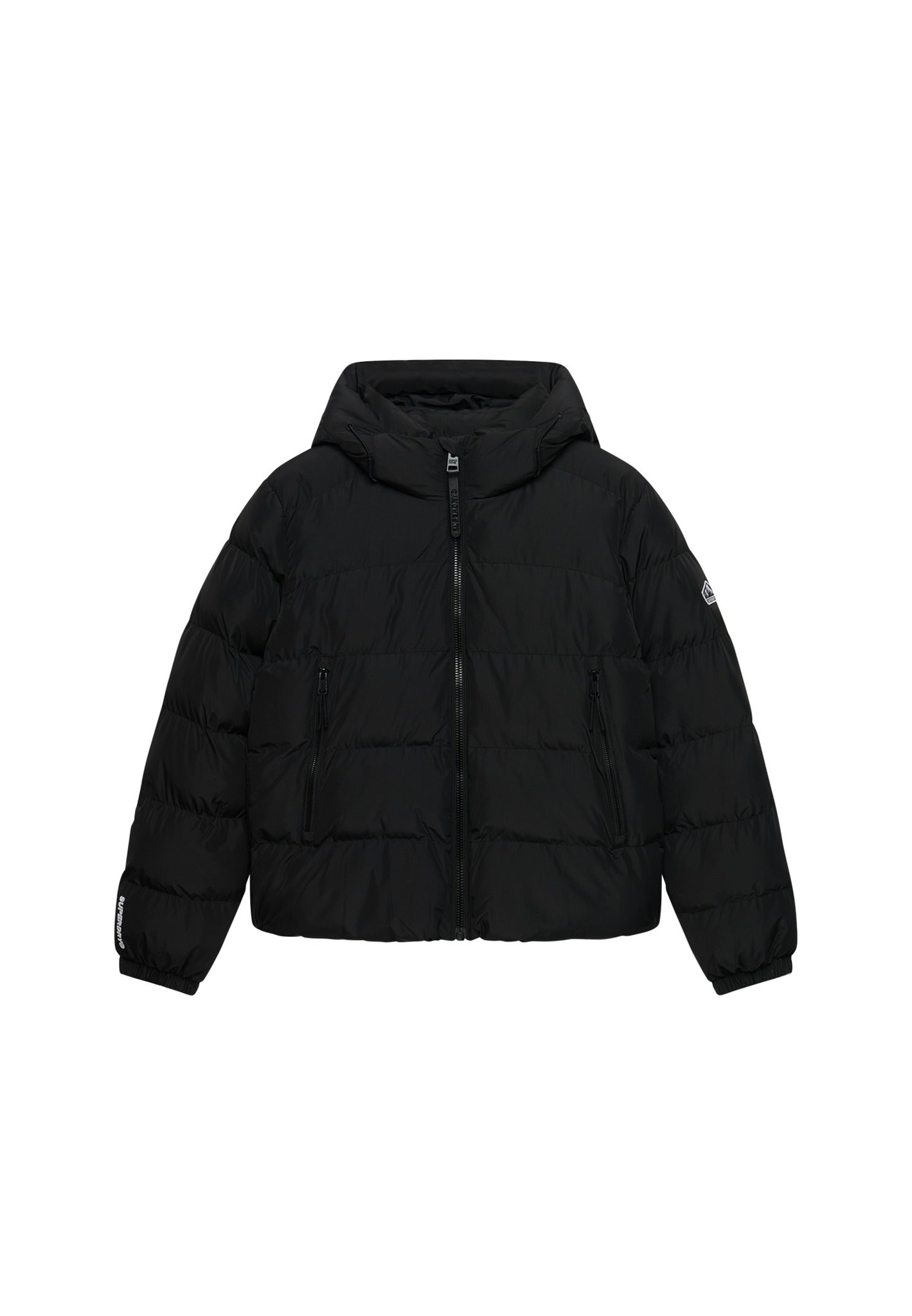 Superdry Hooded Sports Puffer Jacket in Black angled view