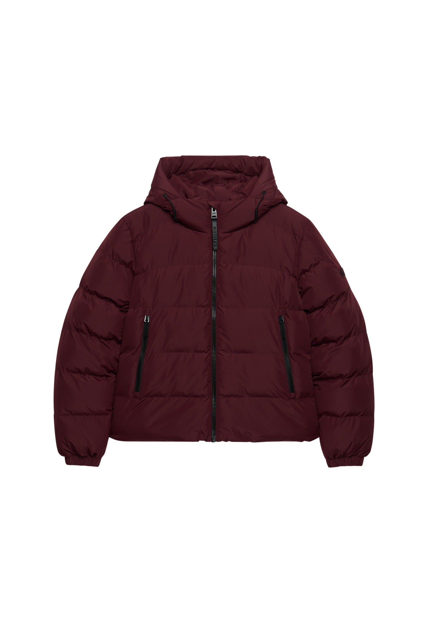 Superdry Hooded Sports Puffer Jacket in Port Red angled view