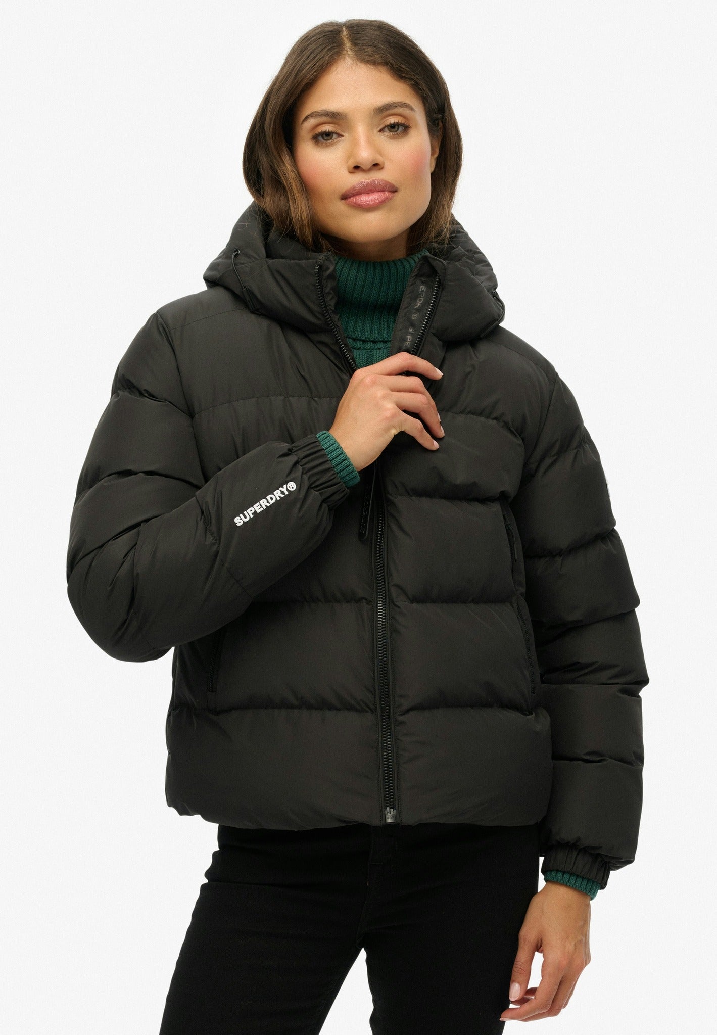 Superdry Hooded Sports Puffer Jacket in Black front model view