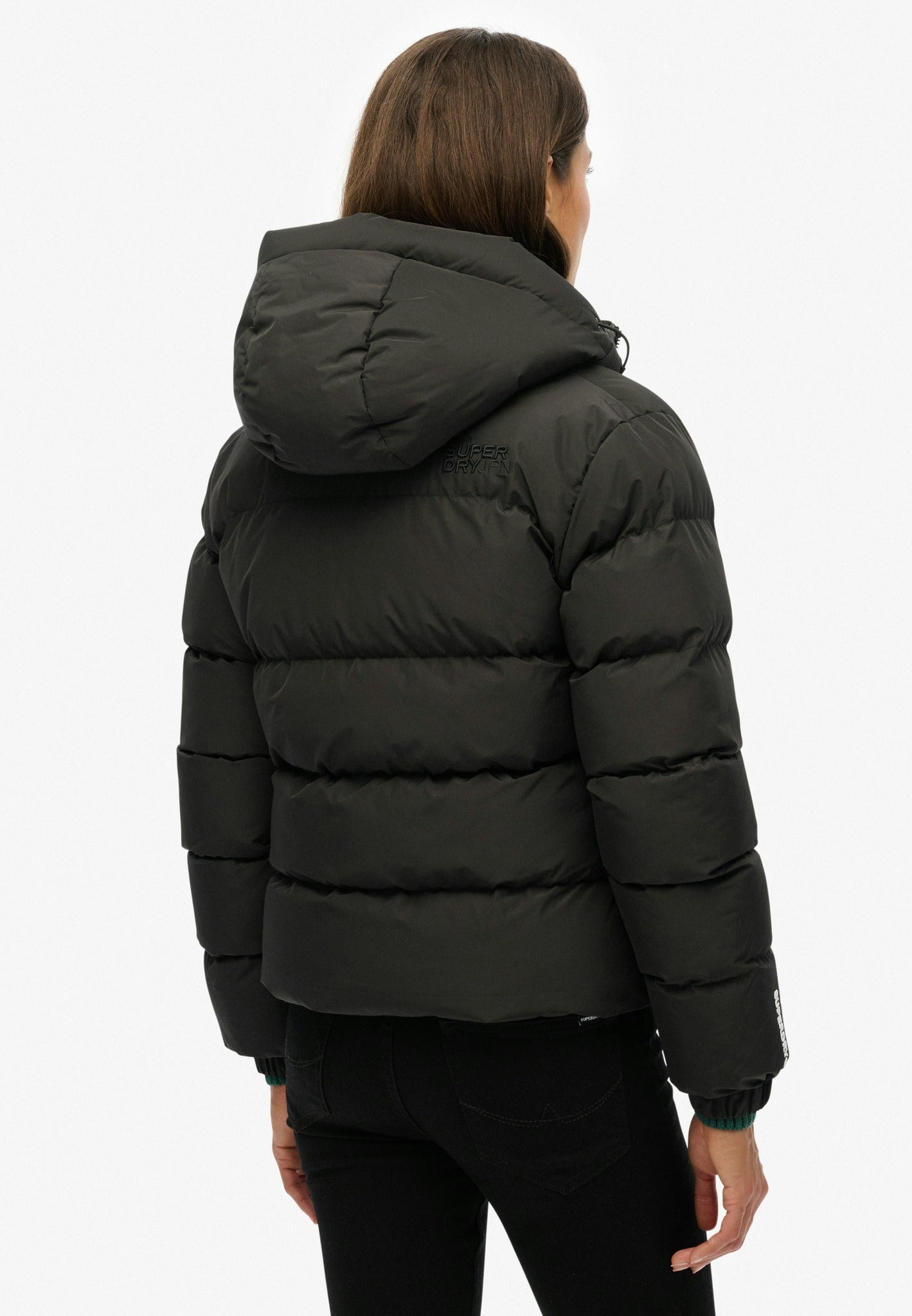 Superdry Hooded Sports Puffer Jacket in Black back model view