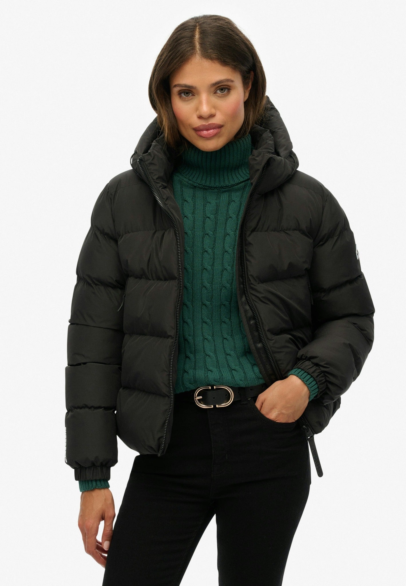 Superdry Hooded Sports Puffer Jacket in Black half model view