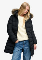 Superdry Hooded Faux Fur Fuji Mid Length Jacket in Black on model