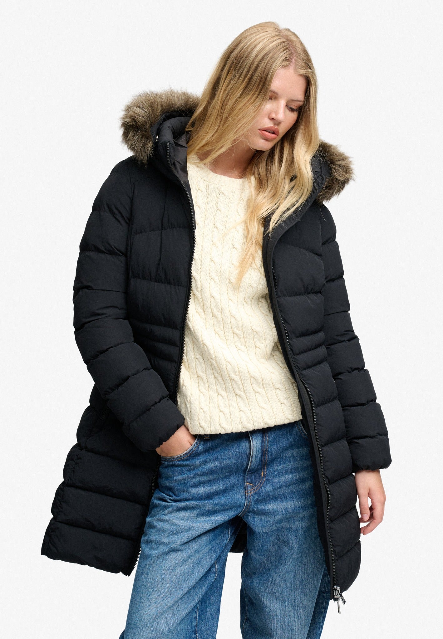 Superdry Hooded Faux Fur Fuji Mid Length Jacket in Black on model