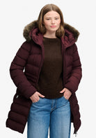 Superdry Hood Faux Fur Fuji Mid Length Jacket in Dark Oxblood on model