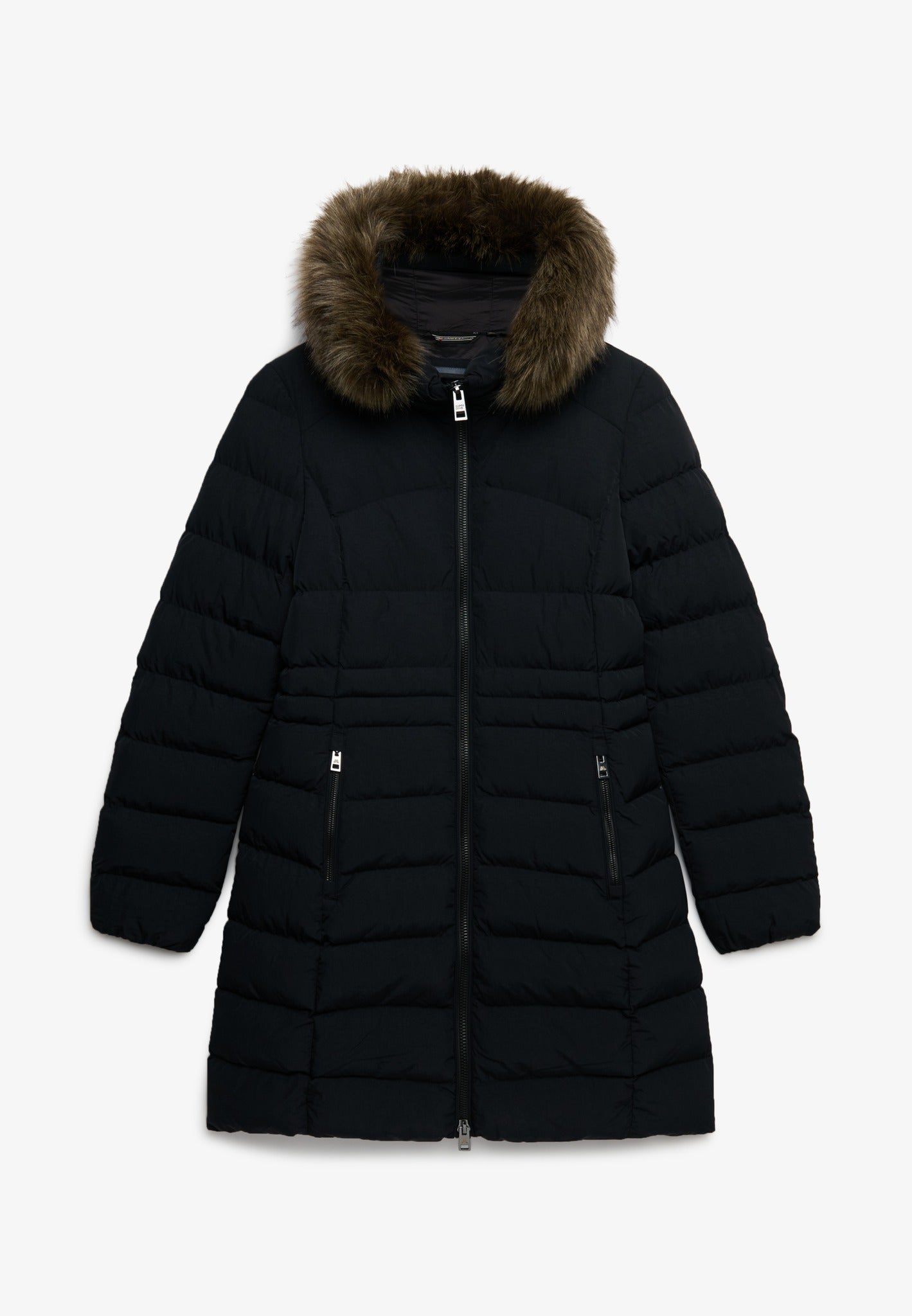 Front product view of the Superdry Hooded Faux Fur Fuji Jacket in Black