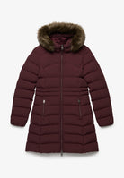 Superdry Hood Faux Fur Fuji Mid Length Jacket in Dark Oxblood front view