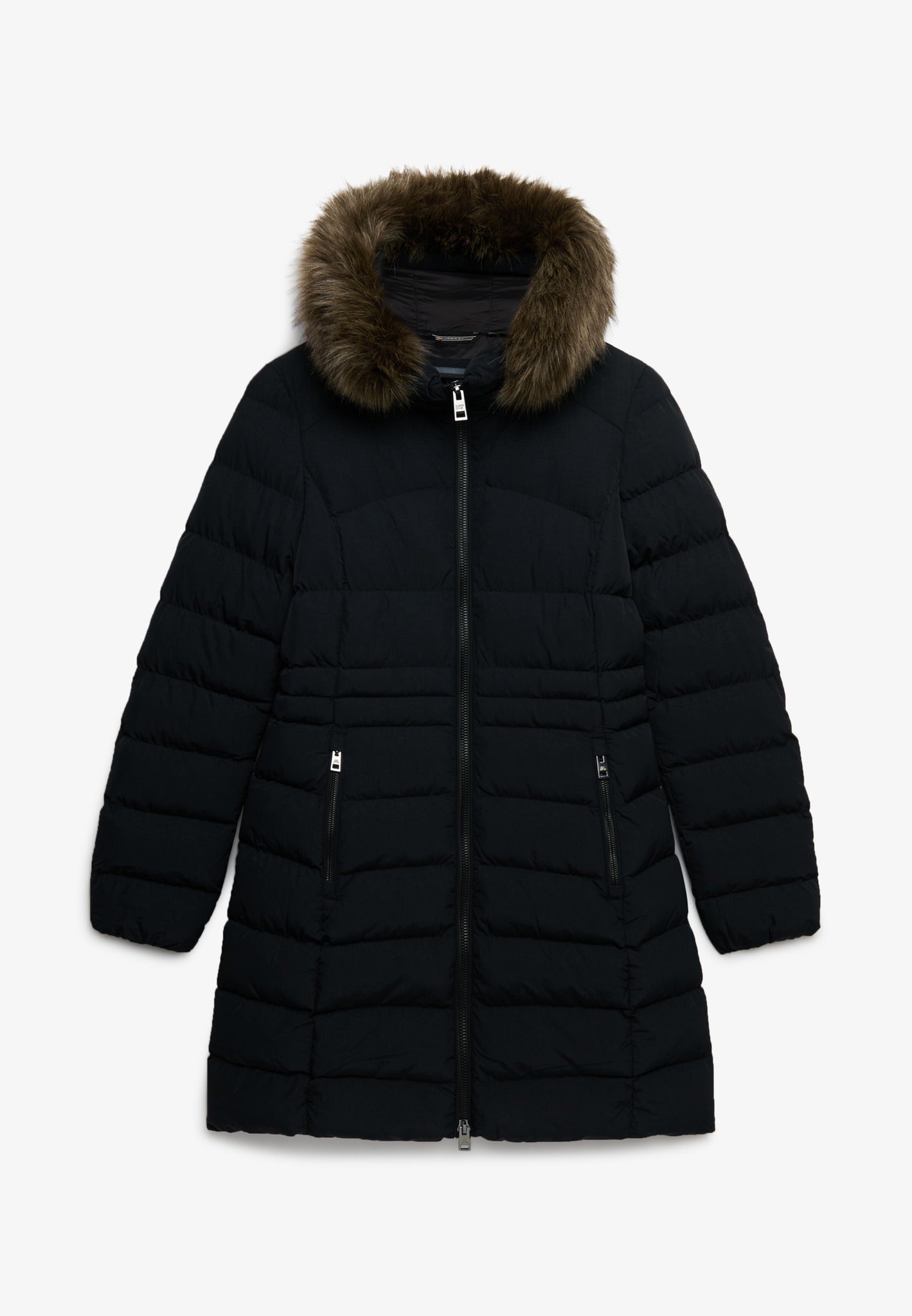 Side product view of the Superdry Hooded Faux Fur Fuji Jacket in Black