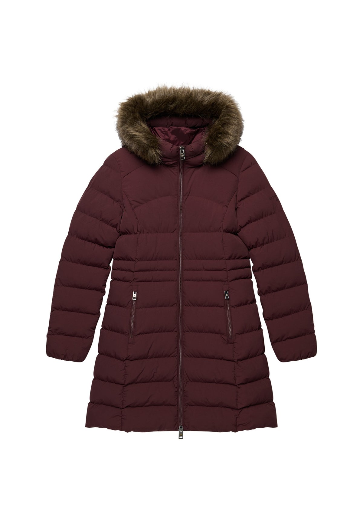 Superdry Hood Faux Fur Fuji Mid Length Jacket in Dark Oxblood angled view
