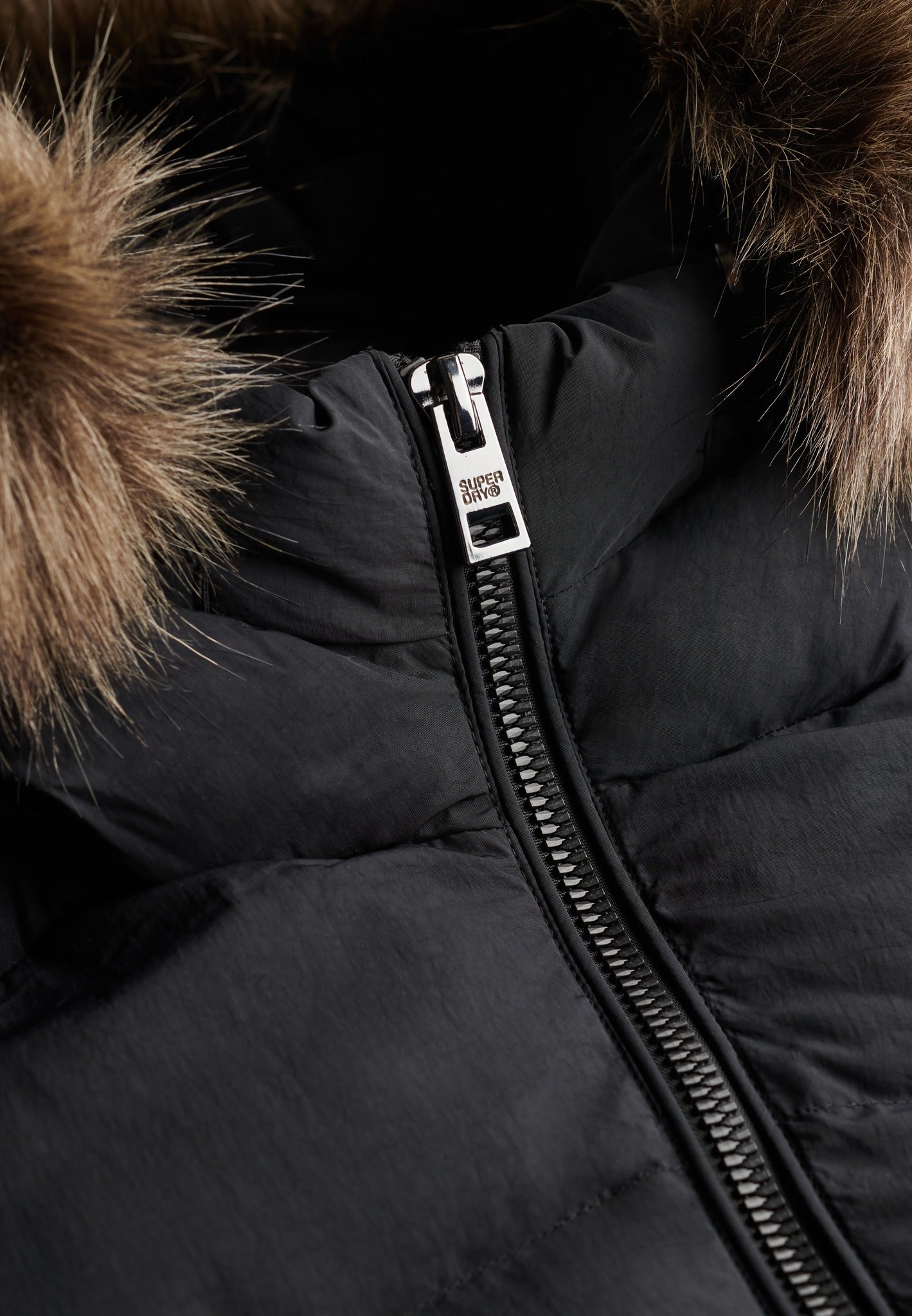 Zip fastening and faux fur trim detail on the Superdry Fuji Jacket in Black