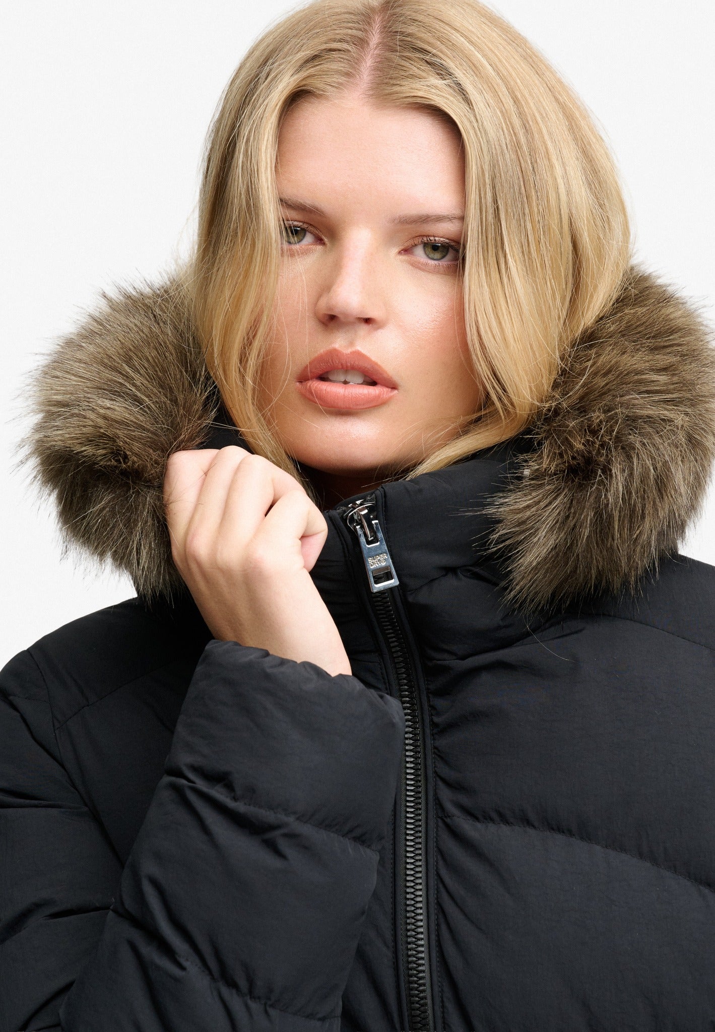 Faux fur hood detail on the Superdry Fuji Jacket in Black