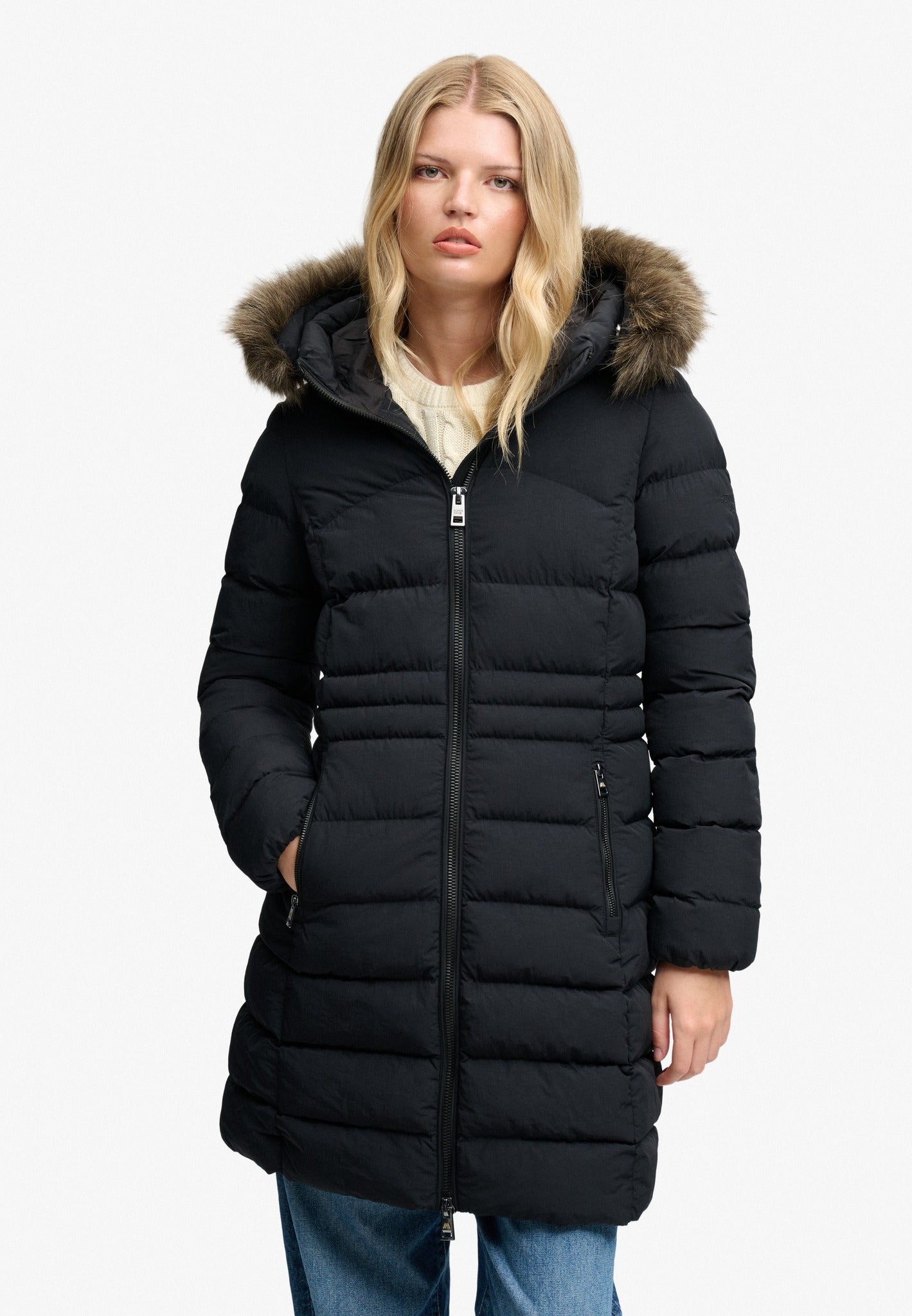 Full length view of the Superdry Hooded Faux Fur Fuji Jacket in Black