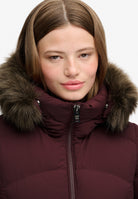 Superdry Hood Faux Fur Fuji Mid Length Jacket in Dark Oxblood faux fur hood trim