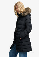 Angled view of the Superdry Hooded Faux Fur Fuji Jacket in Black