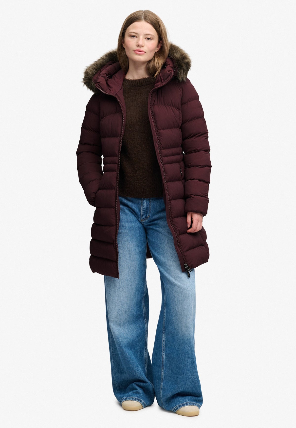 Superdry Hood Faux Fur Fuji Mid Length Jacket in Dark Oxblood full length view
