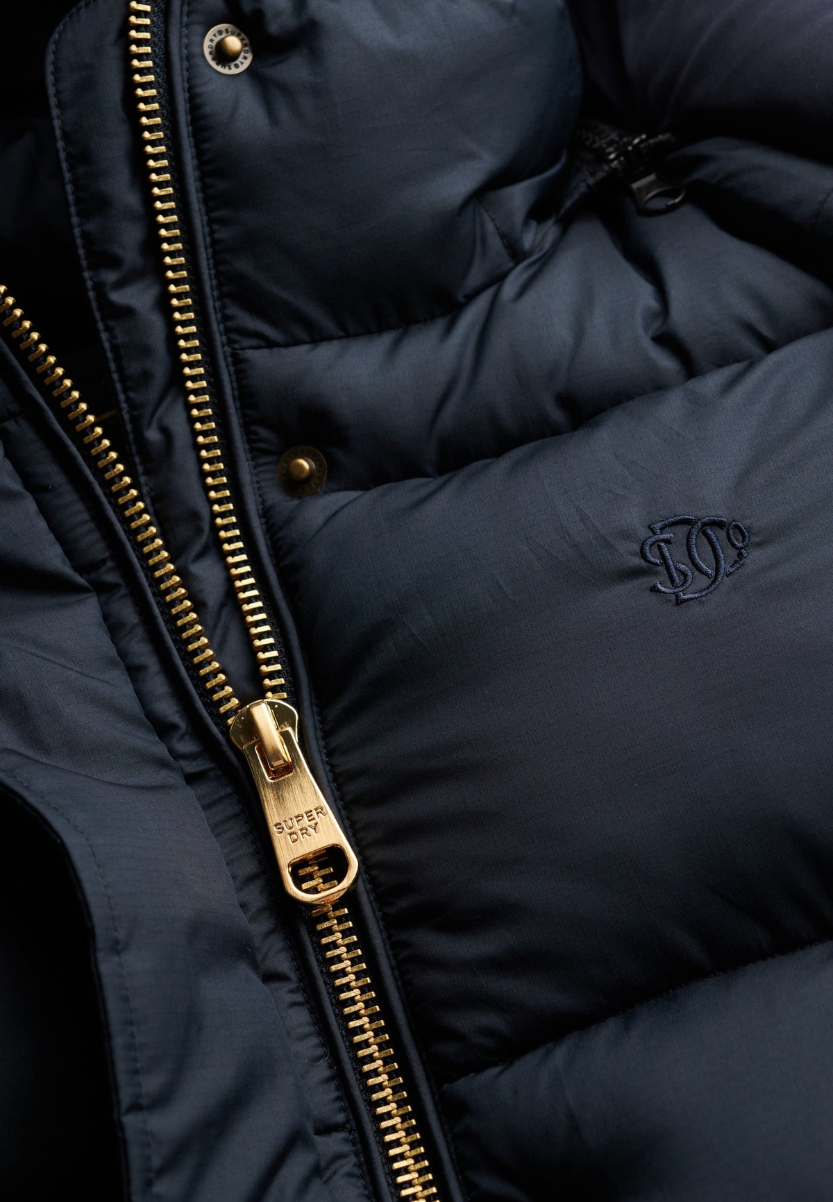 Superdry Premium Ripstop Puffer Jacket in Eclipse Navy gold zip and logo detail