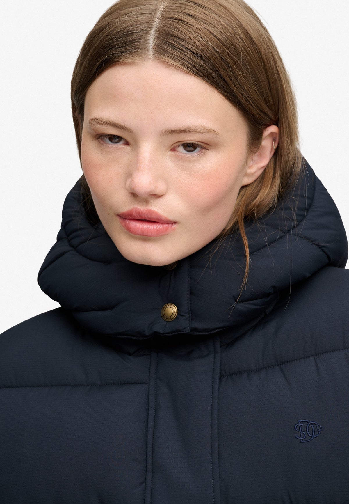 Superdry Premium Ripstop Puffer Jacket in Eclipse Navy collar and logo detail