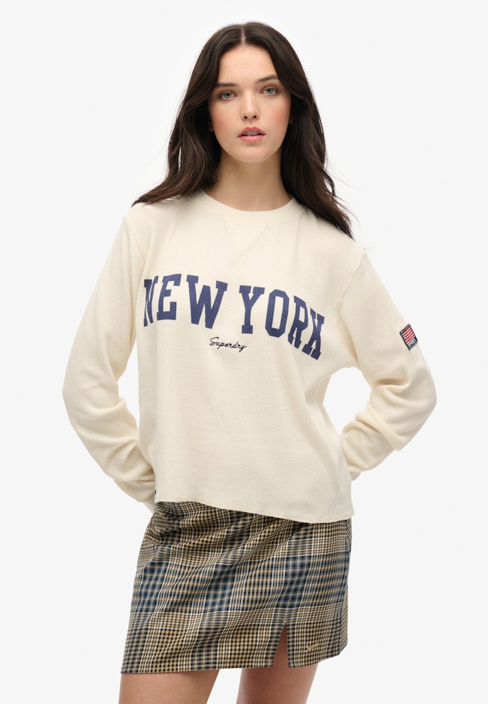 Superdry Ladies Ath Essential Graphic Ls Top-Desert Bone Off White long sleeve front view