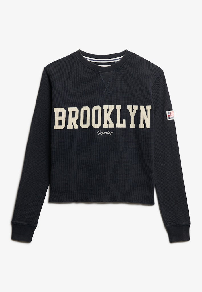 Superdry Ladies Ath Essential Graphic Ls Top-Eclipse Navy long sleeve top front view