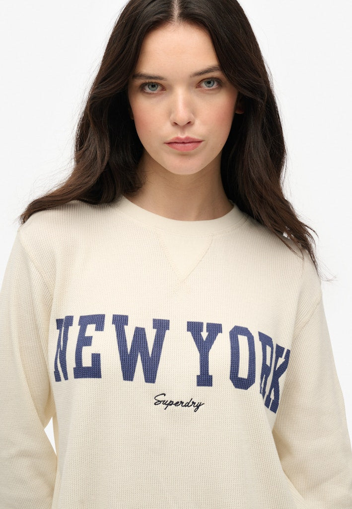 Superdry Ladies Ath Essential Graphic Ls Top Desert Bone Off White front close-up view