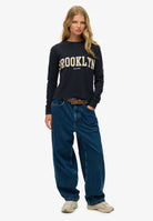 Superdry Ladies Athletic Essential Graphic Long Sleeve Top-Eclipse Navy ECLIPSE NAVY model front view