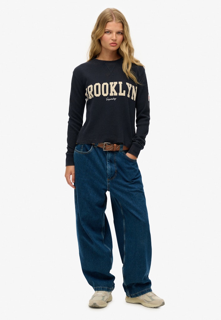Superdry Ladies Athletic Essential Graphic Long Sleeve Top-Eclipse Navy ECLIPSE NAVY model front view