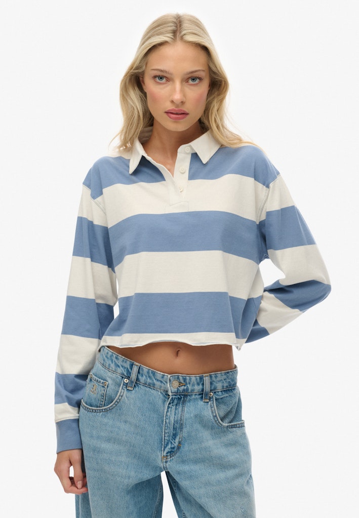 Superdry Ladies Ath Ess Cropped Stripe Rugby Tidal Blue/ecru Stripe long sleeve front view