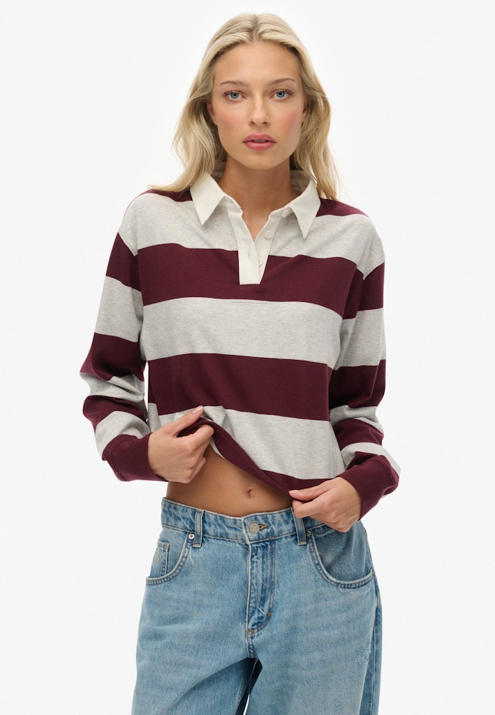 Superdry Ladies Ath Ess Cropped Stripe Rugby Glacier Grey Marl Port Red Str front view