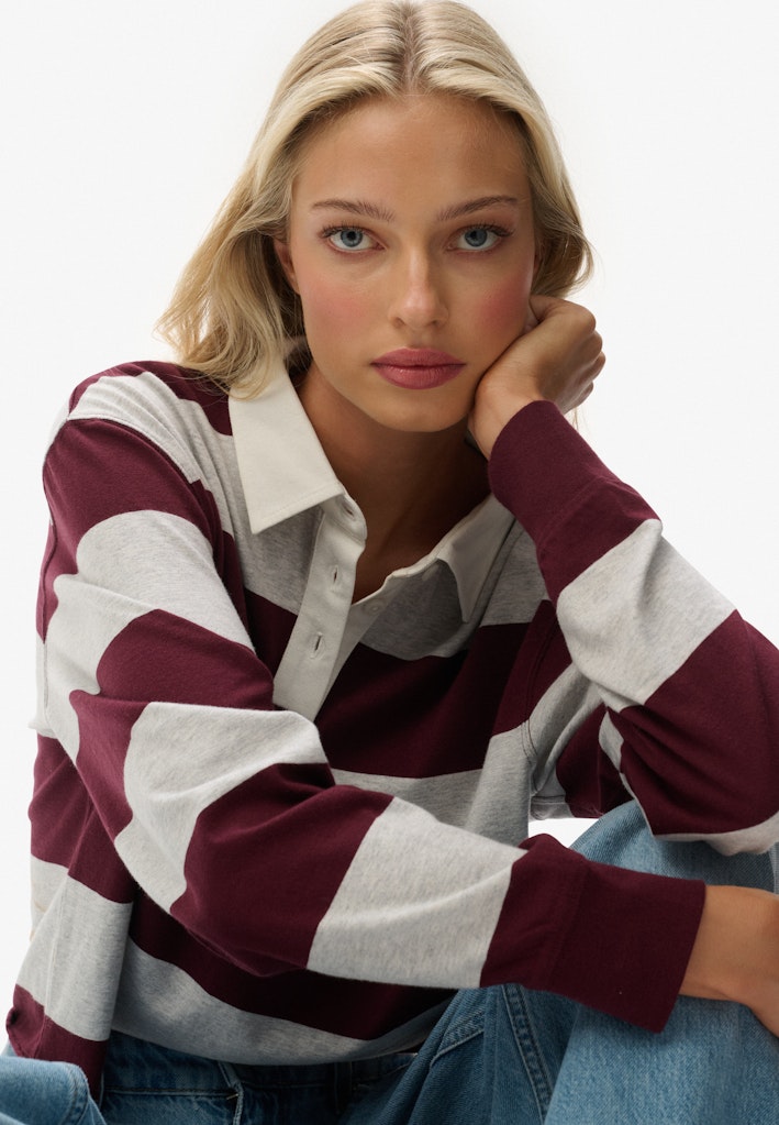 Superdry Ladies Ath Ess Cropped Stripe Rugby Glacier Grey Marl Port Red long sleeve front view