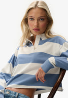 Superdry Ladies Ath Ess Cropped Stripe Rugby-Tidal Blue/ecru Stripe Tidal Blue/Ecru Stripe back view