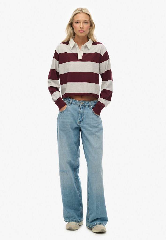 Superdry Ladies Ath Ess Cropped Stripe Rugby Glacier Grey Marl/Port Red Str front view