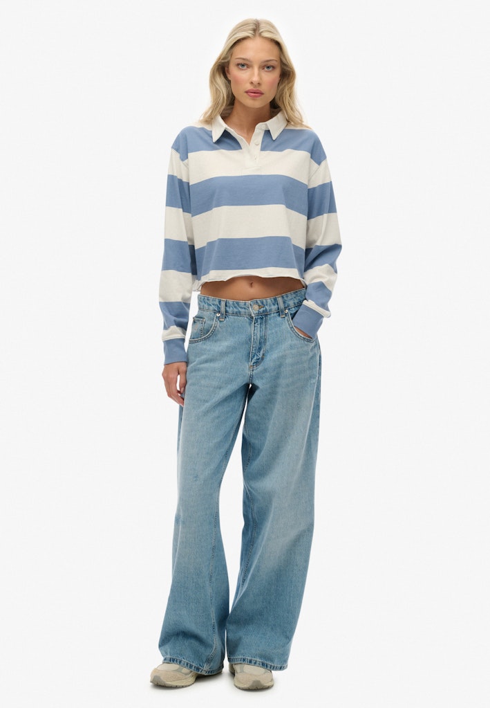 Superdry Ladies Ath Ess Cropped Stripe Rugby tidal blue ecru stripe long sleeve front view
