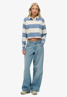 Superdry Ladies Ath Ess Cropped Stripe Rugby-Tidal Blue/ecru Stripe Tidal Blue/Ecru Stripe front view